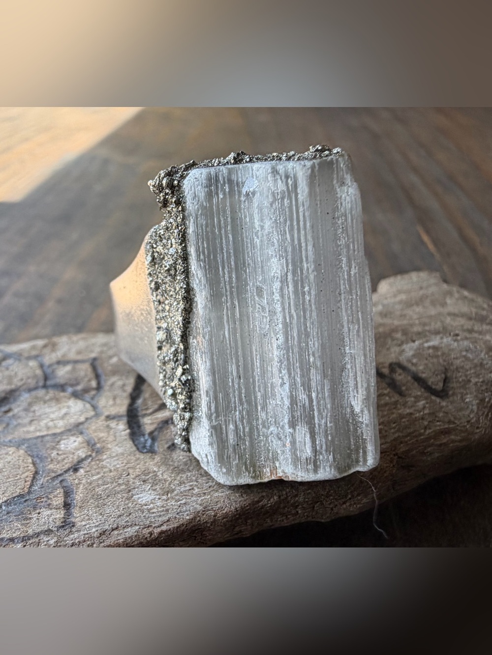 Raw White Selenite Statement Ring with Pyrite Accent